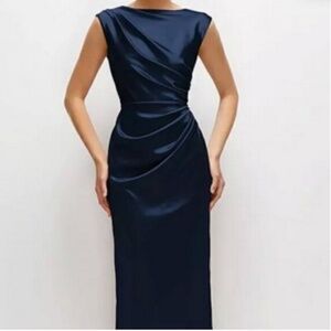 After Six Midnight Navy Blue Pleated Cap Sleeve Charmeuse Gown 6899
